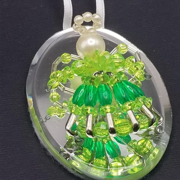 Vintage Beaded Green Angel Ornament Mirror 3" Pearl Handmade with Safety Pins - Picture 4 of 6